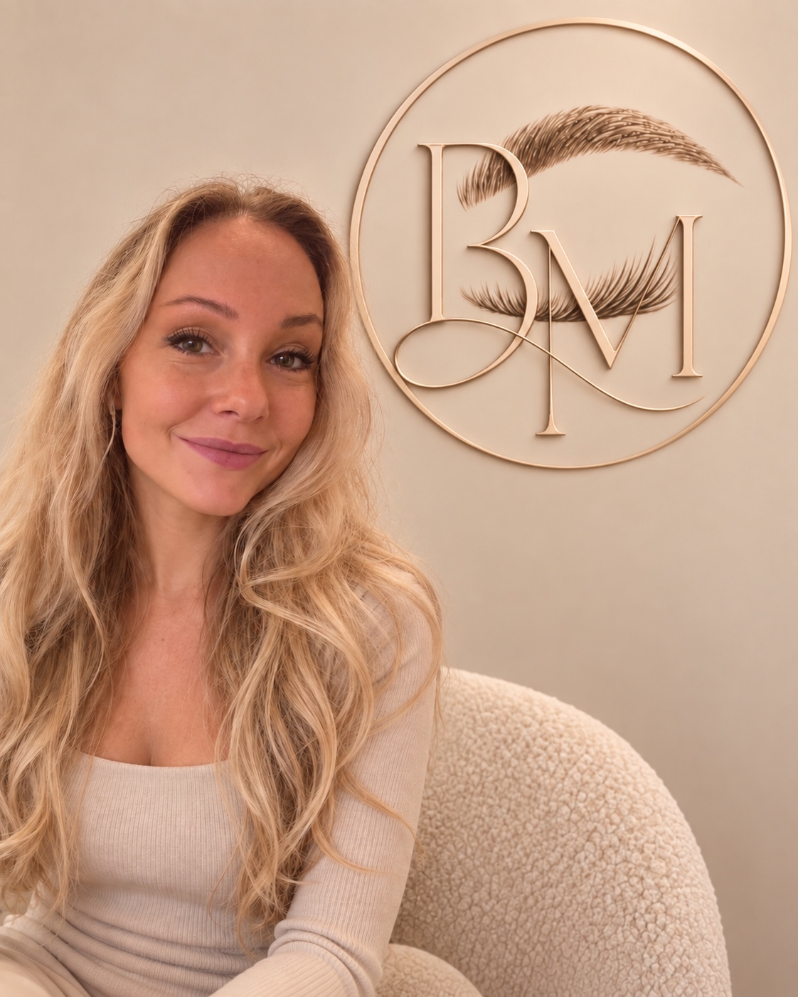 Minette framför sitt monogram i studion.
